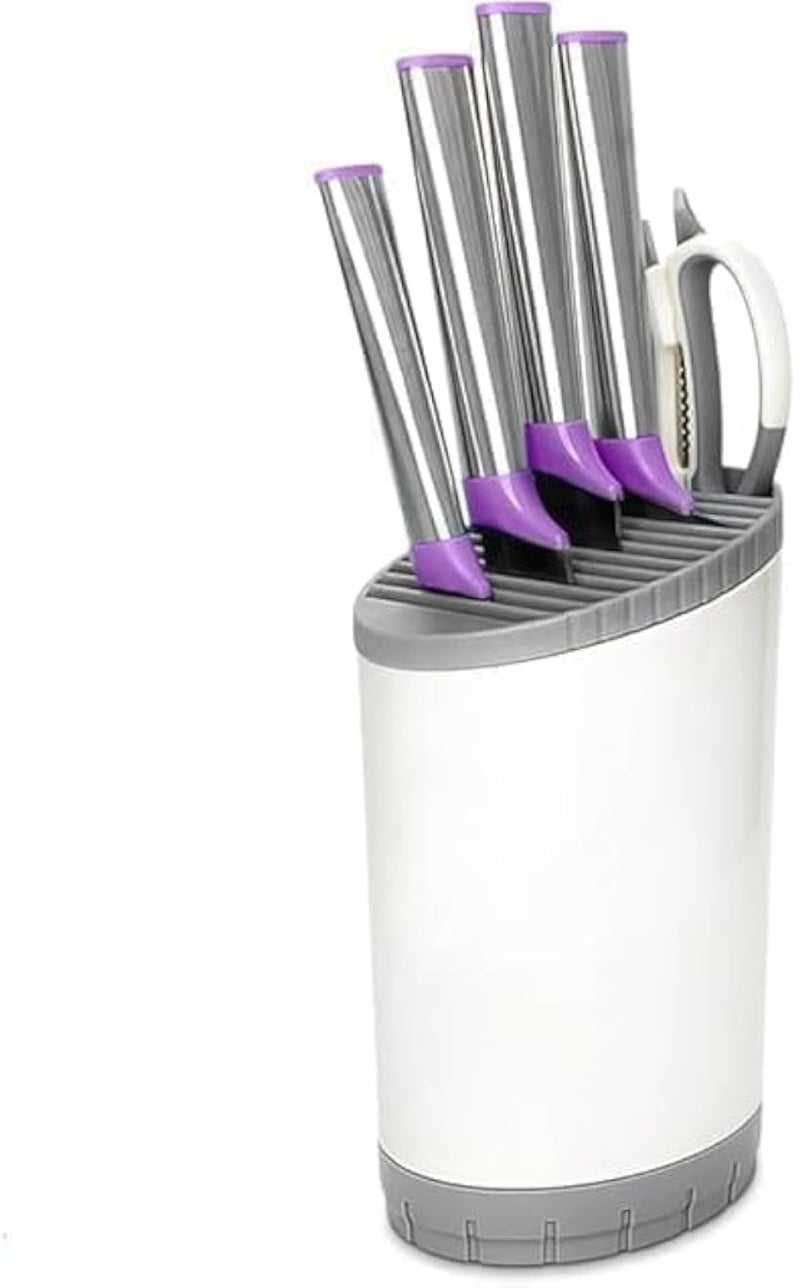 Knife Set Kitchen with Holder, Stainless Steel Cooking Knives with Scissors, Super Sharp Cutlery Set, Durable, 6-Piece Set with Strong Handles and Polished Finish (Purple)